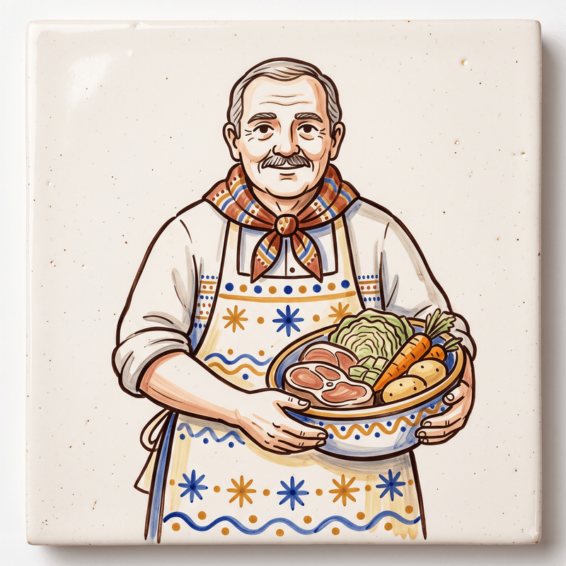 Restauração e catering — cozinheiro com produto fresco, em azulejo pintado